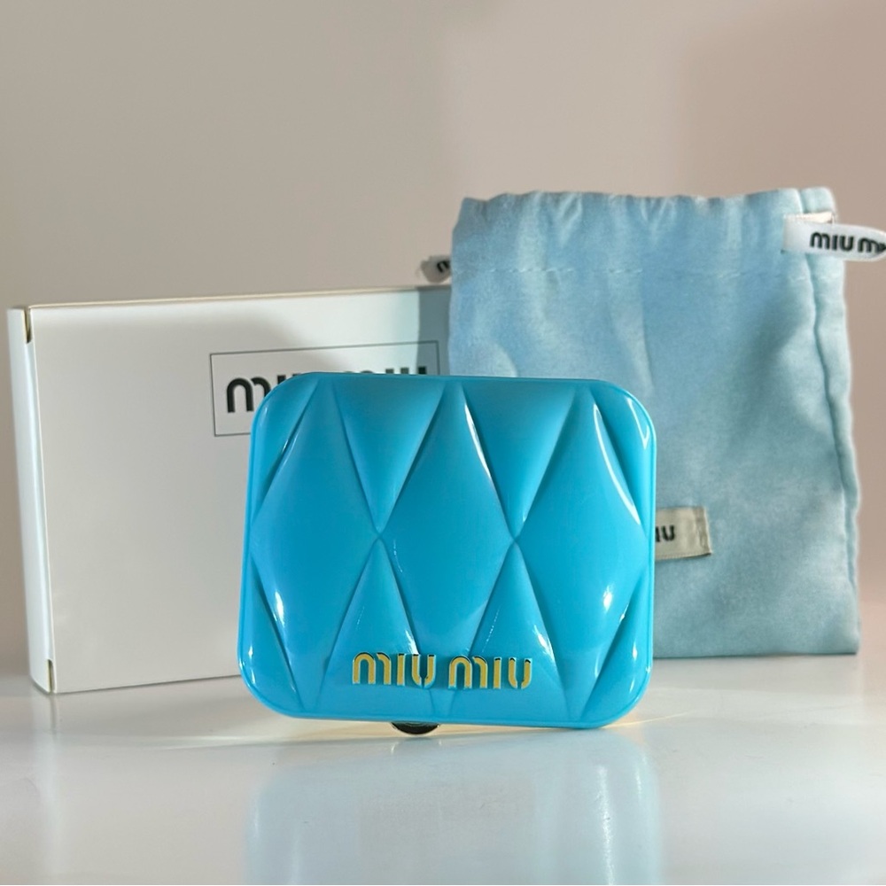Miu Miu Teal Blue Double Compact Mirror with Drawstring Bag in Box